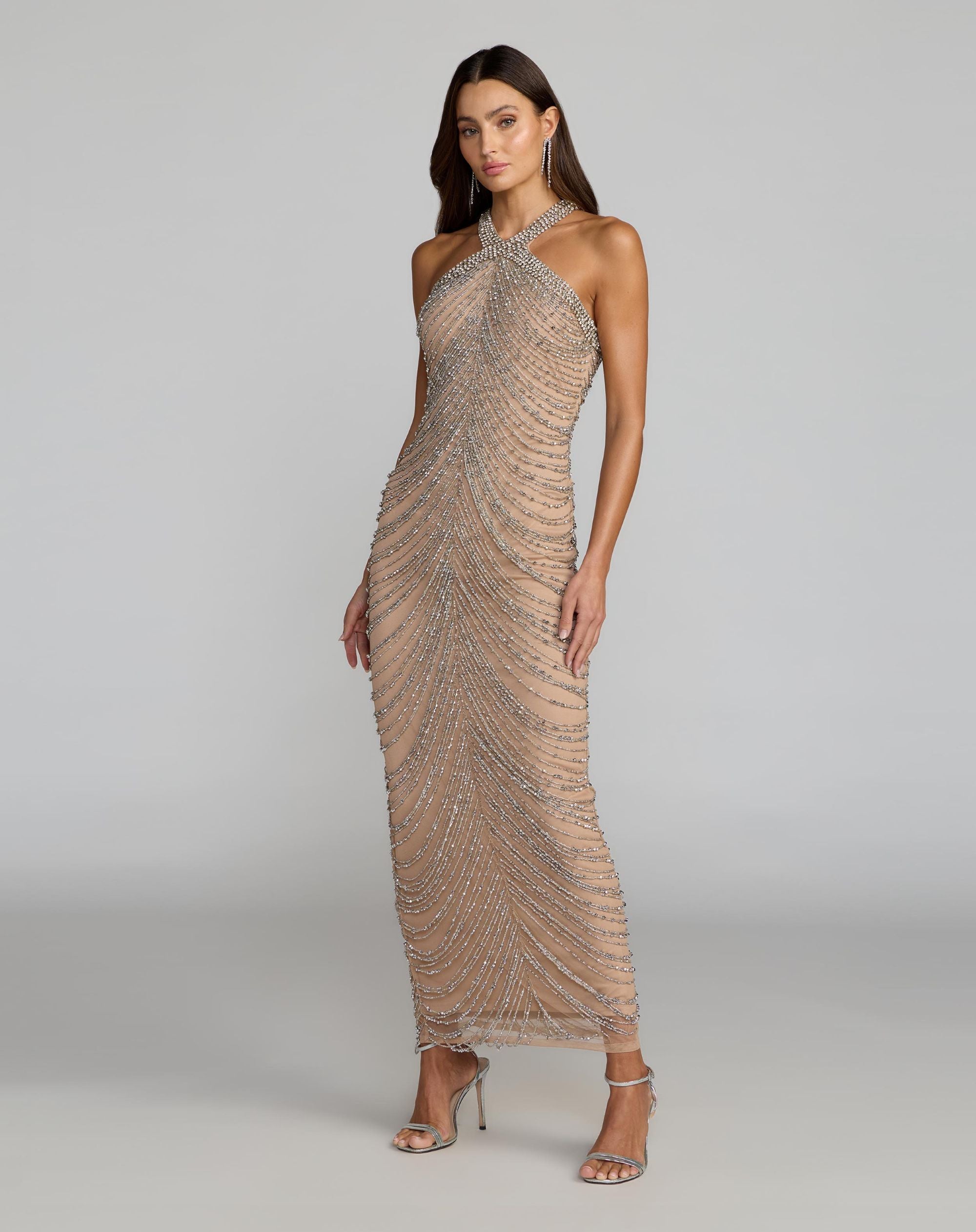 Beige Halter Neck Embellished Maxi Dress - Mac Duggal