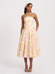 Zaina Yellow Pink Floral Print Lace Trim Linen Midi Dress