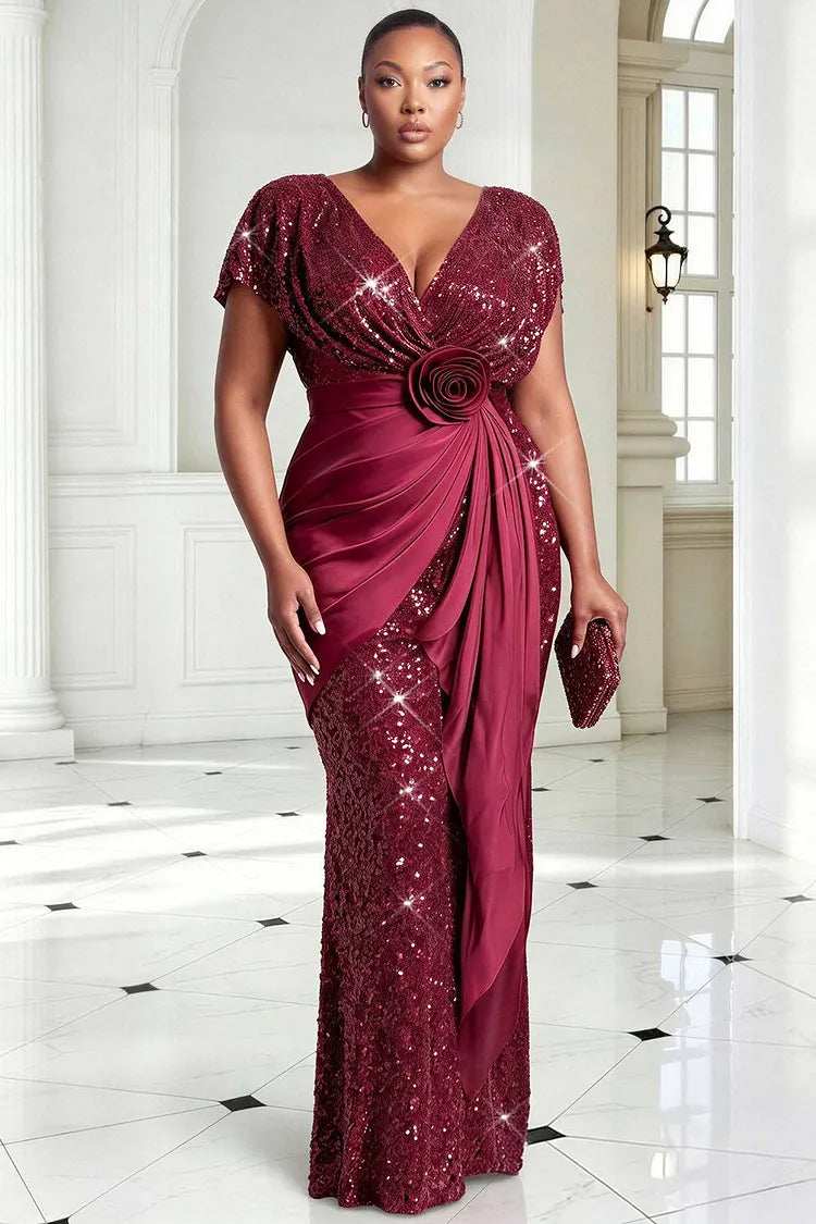 plus size burgundy dress formal Xpluswear Design Satin V Neck Short Sleeve 3D Contrast Sequin Maxi