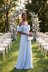 The Azori Light Blue Off Shoulder A-Line Pleated Chiffon Wedding Guest Dress