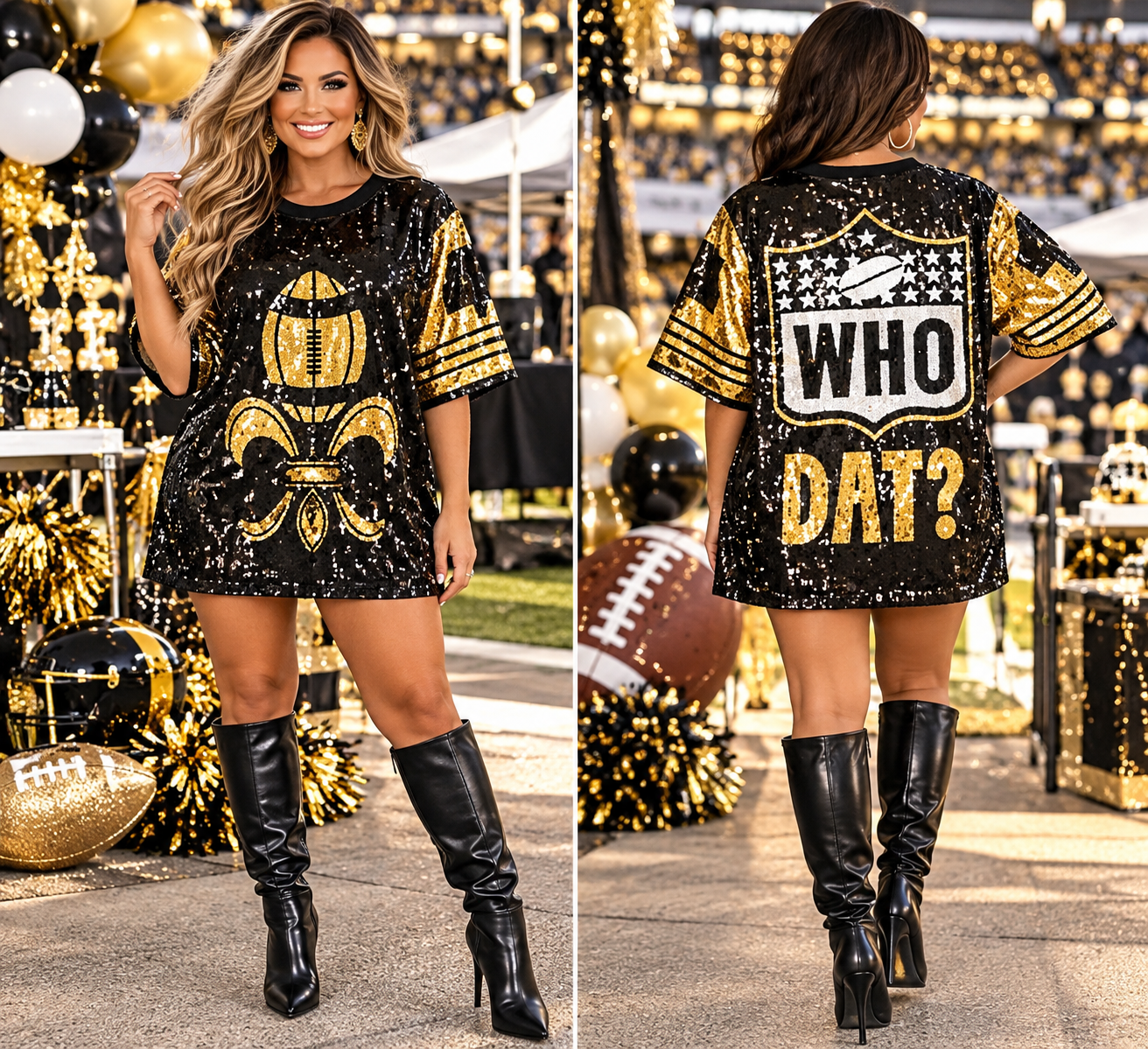 New Orleans Saints Ladies Black and Gold Sequin Jersey Dress| Black and Gold Dress| Women’s Sequin Dress| Bling Dress |NFL Sports|