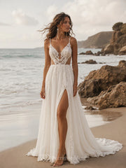 Boho Sexy Beach Wedding Dress with Spaghetti Straps, Sheer Lace Bodice, High Slit & Soft Chiffon Skirt