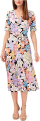 MSK Women's Floral-Print Tie-Waist Midi Dress (Black/Bright, Large)