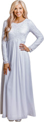 Full-Length Long-Sleeve Temple Dress with Lace Bodice and Empire Waist in Regular, Petite, and Tall Sizes
