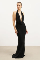 Chiffon Plunging Cowl Neck Maxi Dress - Black
