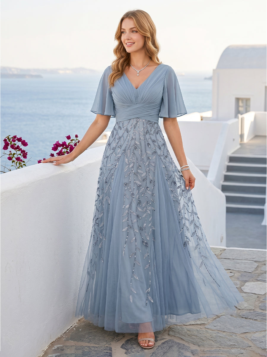 A-Line V-Neck Half Sleeves Split Side Chiffon Bridesmaid Dresses With Appliques