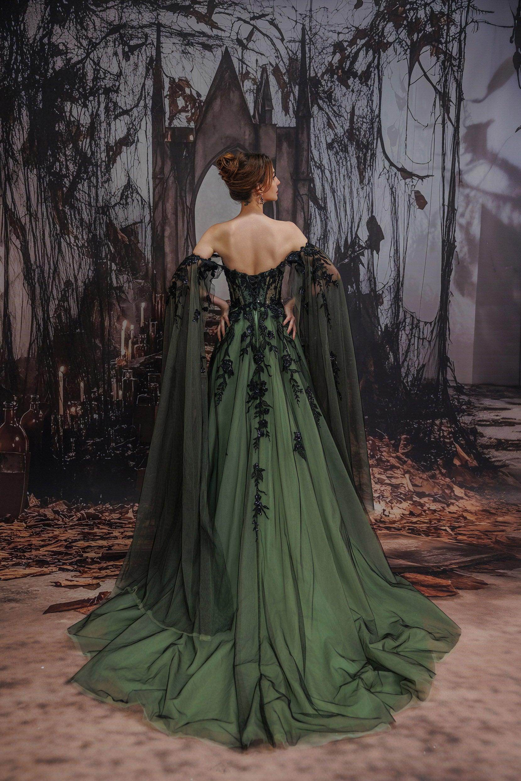 emerald green and black wedding dress A-Line Dark Romance Sequined Tulle Long Court Train COCOMELODY