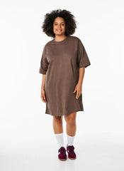 Knee-length cotton T-shirt dress - Brown - Sz. 40-64