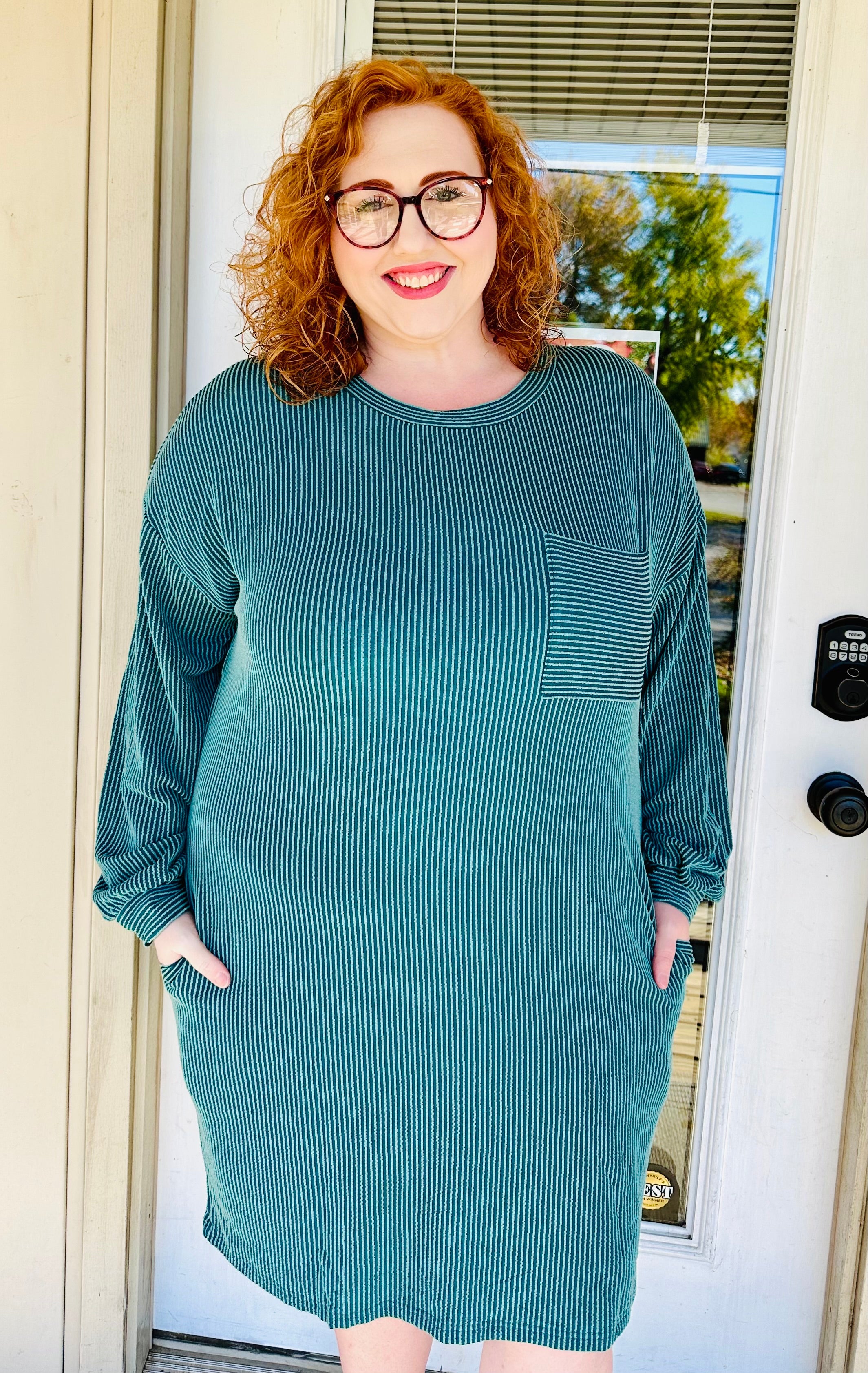 Dark Green Textured Round Neck Long Sleeve Mini Dress w Pockets Final Sale