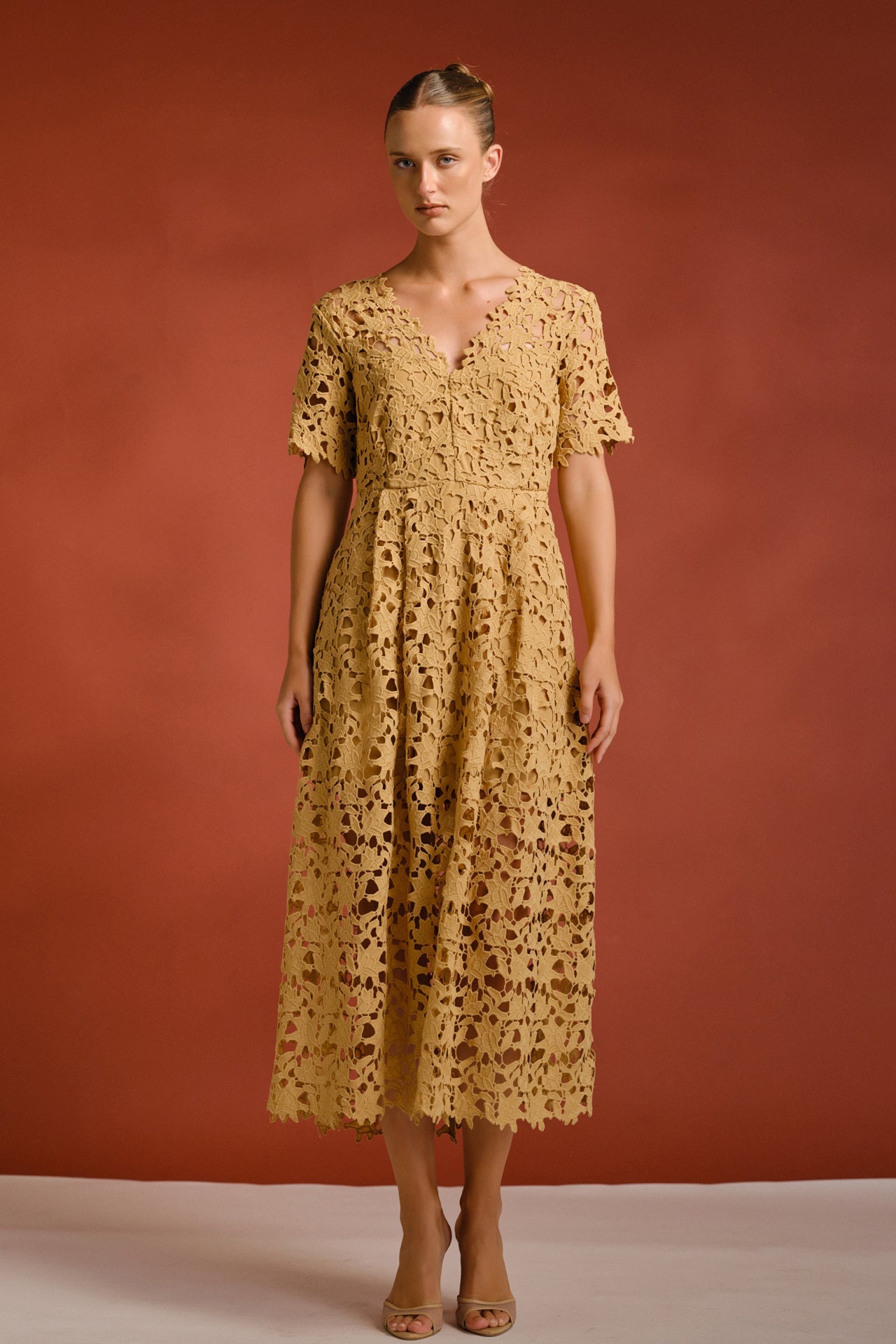 All Over Lace Short Sleeves Midi Dress