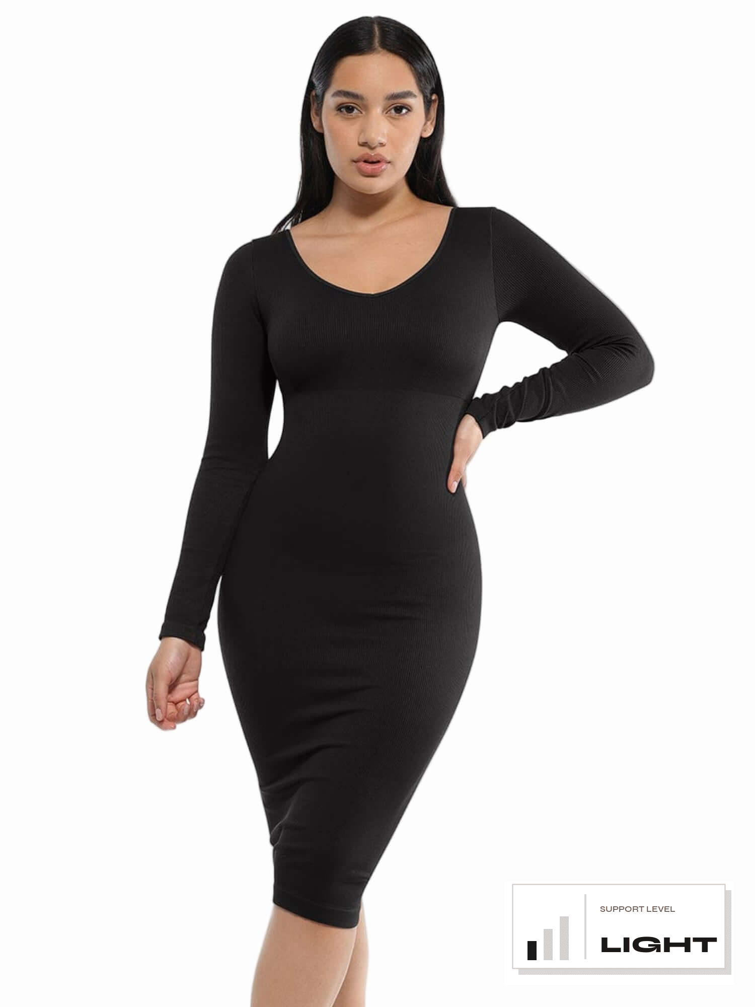 SculptAura V-Neck Long-Sleeve Shapewear Midi Dress