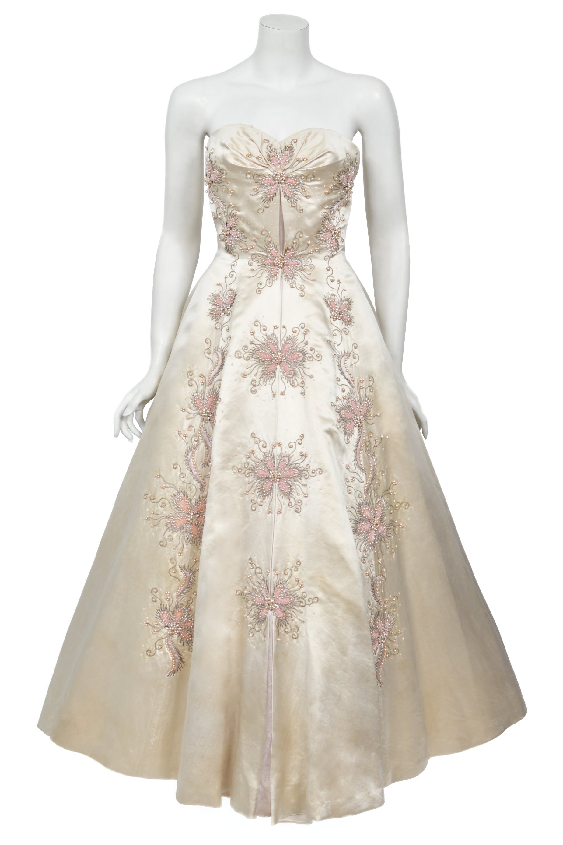 1950's Beaded Embroidered Cream & Pale Pink Satin Strapless Couture Ballgown