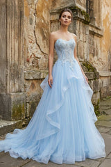 Sky Blue Beaded Long Prom Dress - KissProm