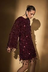 Burgundy Coast Party Sequin Long Sleeve Mini Dress