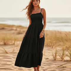 Black casual long dress with square neck, spaghetti straps and flowy tiered skirt