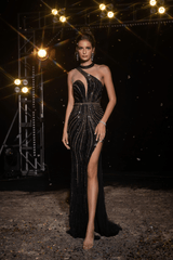 Champagne Pretty Sequin Dress with Asymmetrical Neckline - Champagne Tight Gitted Prom Dress with Side Slit Plus Size - WonderlandByLilian