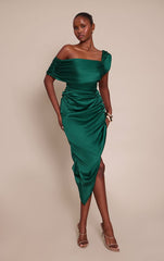 Emerald Green Abstract Print Bardot Asymmetric Hem Dress