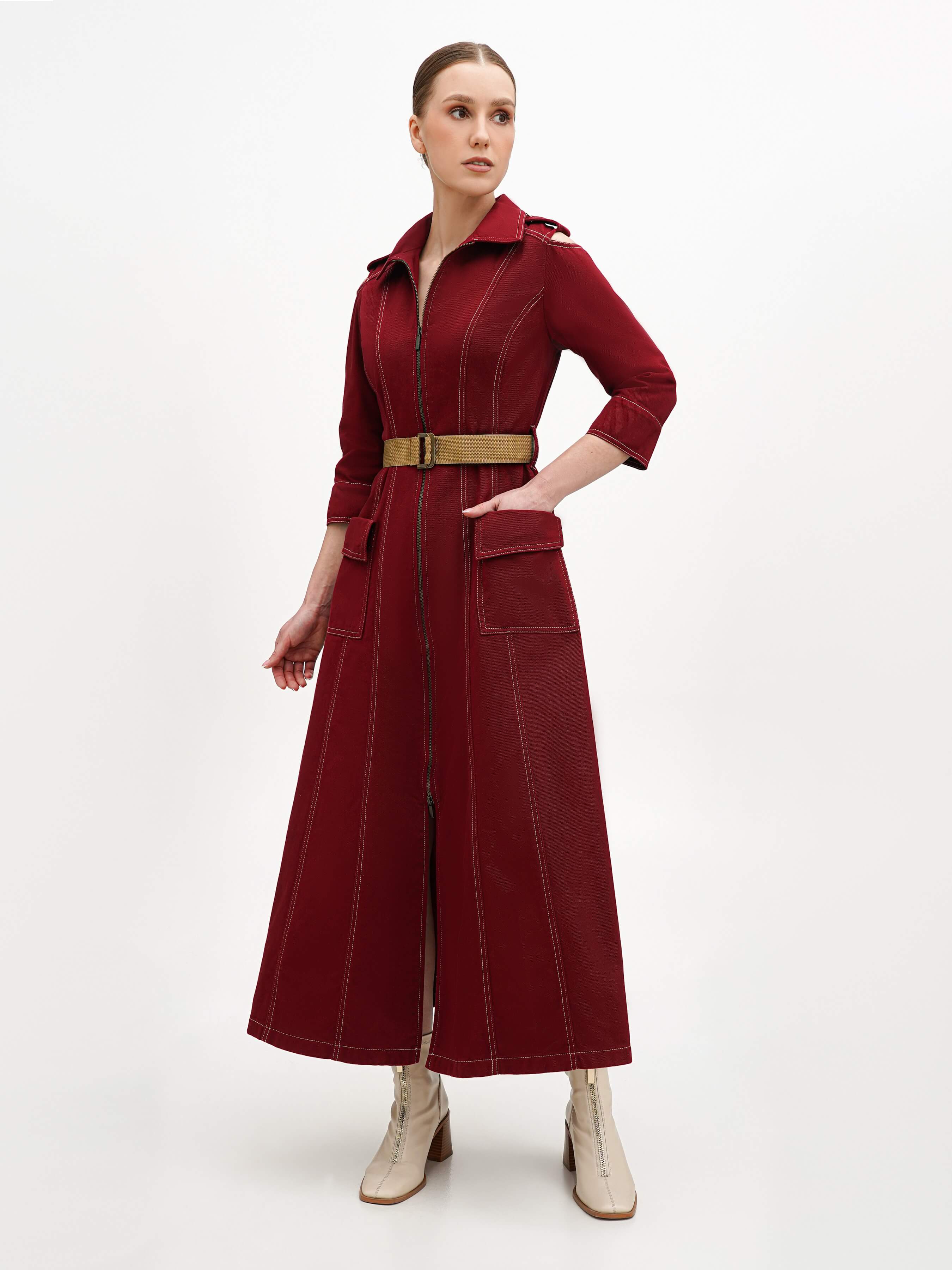 Burgundy denim maxi dress