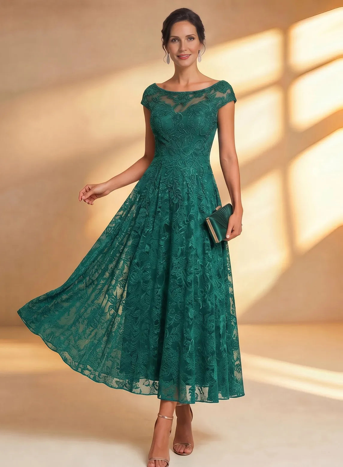 Emerald green lace midi formal dress with elegant flowing skirt, perfect for wedding guests and special occasions