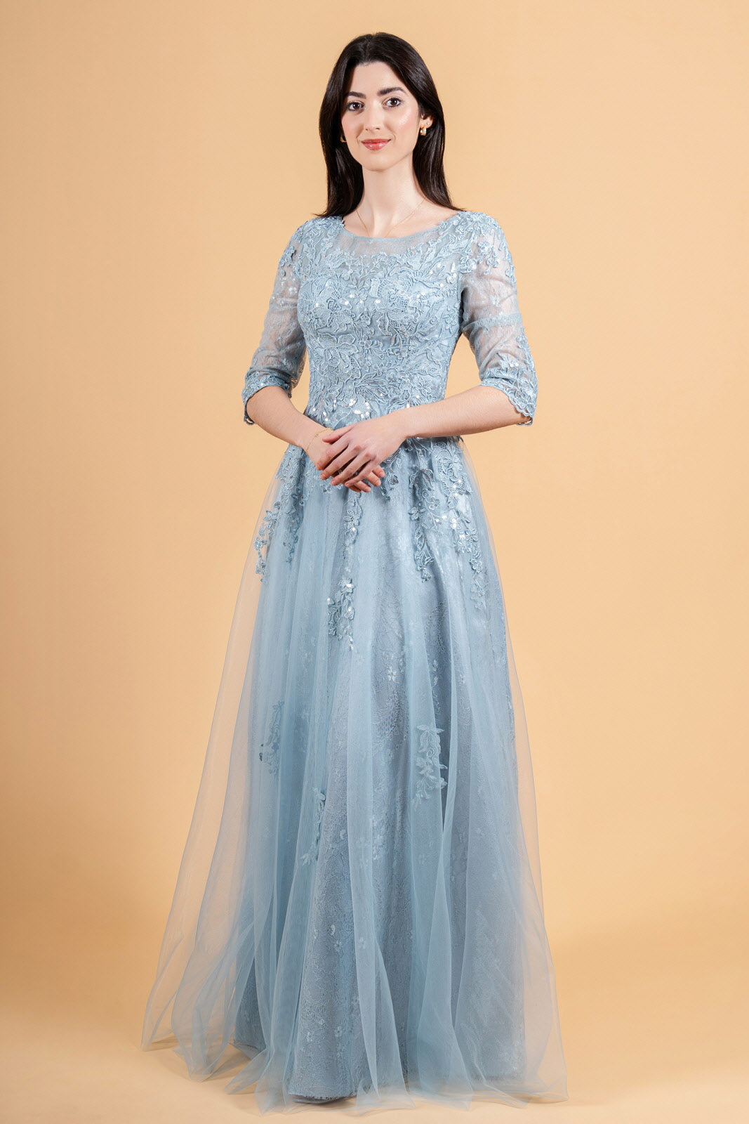 Dusty Blue A-Line Evening Gown | 3/4 Sleeve Lace Bodice Dress with Tulle Overlay | Modest Formal Dress GL3629