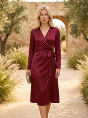 Gleamond | Women’s Burgundy Wrap Midi Dress with Long Sleeves