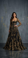 Luxury Black and Gold Embroidered Gown — Bespoke Custom Evening Dress, Gold Embellishment