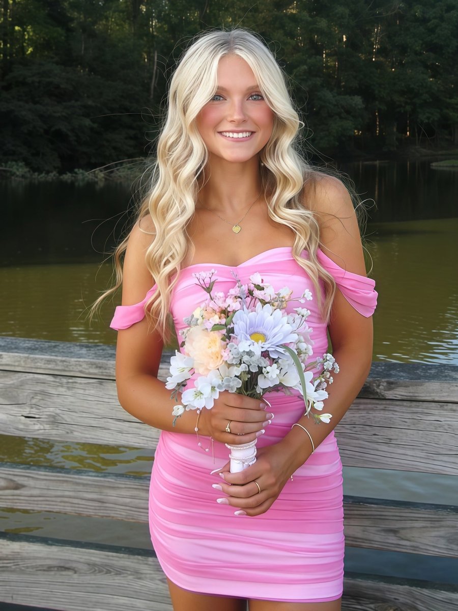 Pink Off The Shoulder Tulle Short Homecoming & Cocktail Dresses - KISSPROM