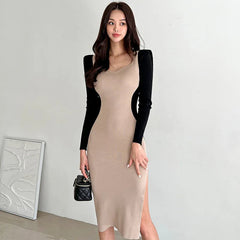 Designer Color Block Long Sleeve Knitted Dress Spring And Autumn Korean Slim Fit Waist Closing S on Luulla