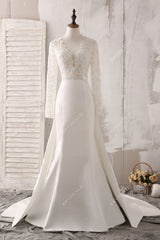 sequin lace satin scalloped plunging neck long sleeve wedding dress with overskirt