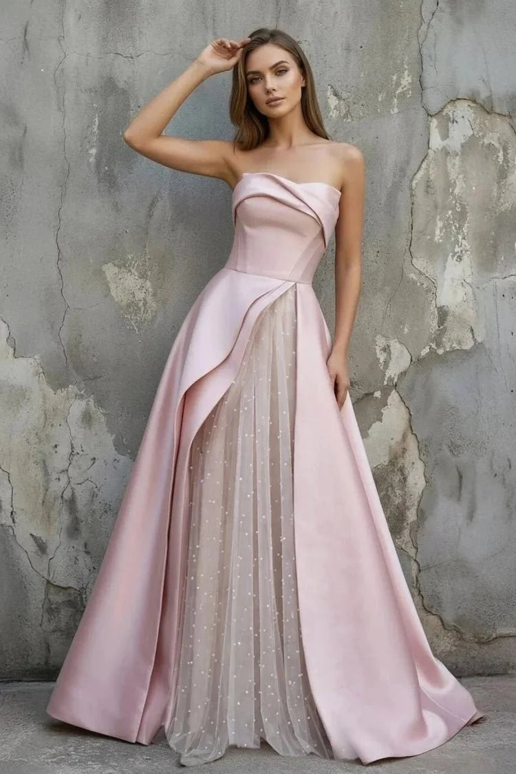 Rose Pink Satin A - Line Floor - Length Evening Gown with Slit Strapless Prom Dress - KissProm