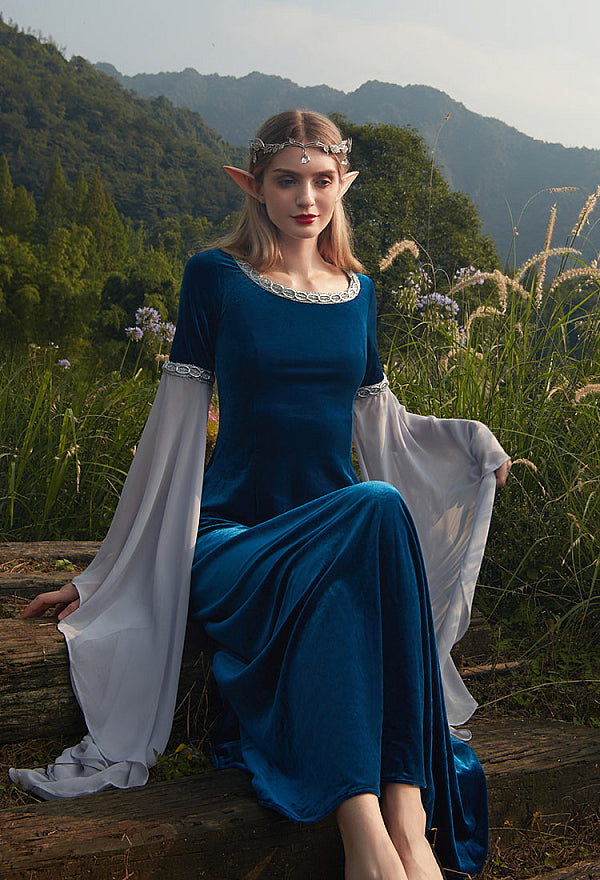 Medieval Costume Handmade Historical Dress Retro Fairy Elf Dark Blue Velvet Gown with Chiffon Sleeves
