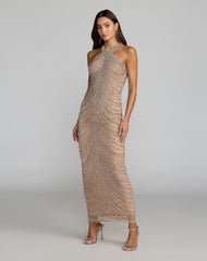 Beige Halter Neck Embellished Maxi Dress  - Mac Duggal