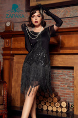 ZAPAKA Luxurious Sequined Beaded Fringe 1920s Dress