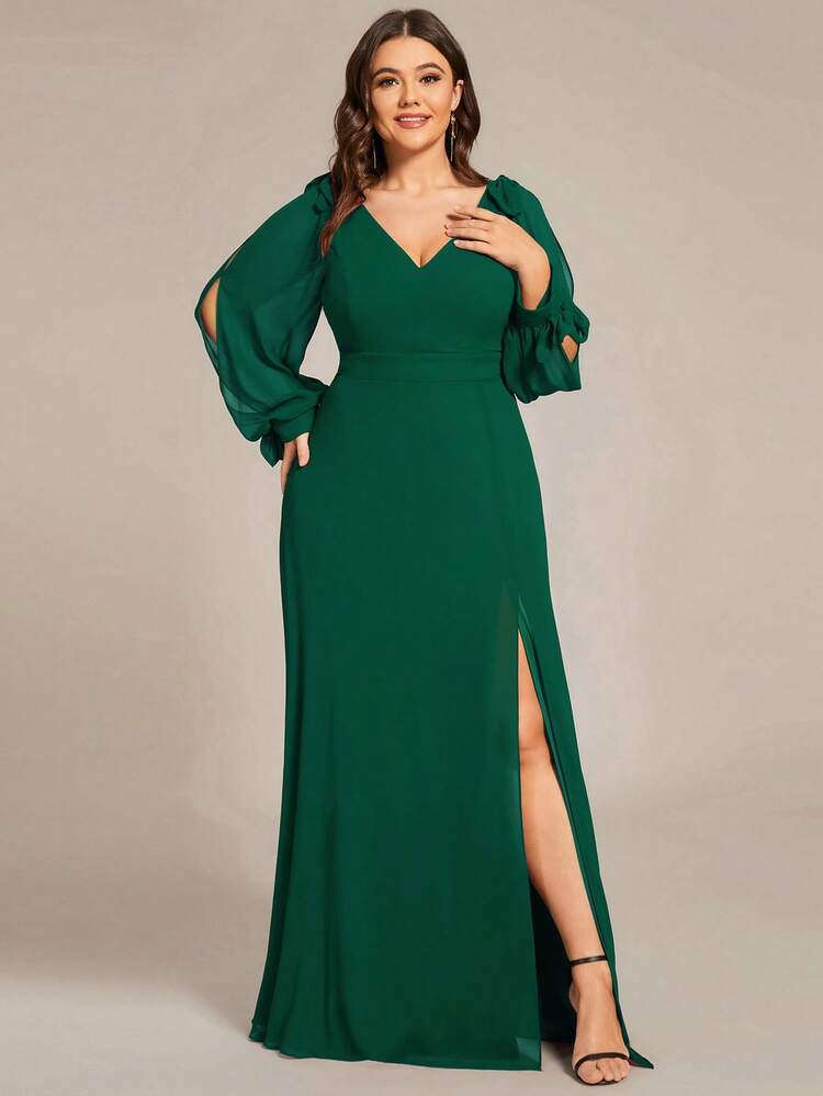 EVERPRETTY Elegant Chiffon Long Sleeve Bowknot High Slit Emerald Green Bridesmaid Dress, Suitable For Formal Occasions Like Parties, Autumn Weddings And Other Events