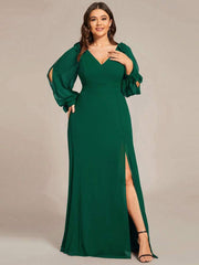 EVERPRETTY Elegant Chiffon Long Sleeve Bowknot High Slit Emerald Green Bridesmaid Dress, Suitable For Formal Occasions Like Parties, Autumn Weddings And Other Events