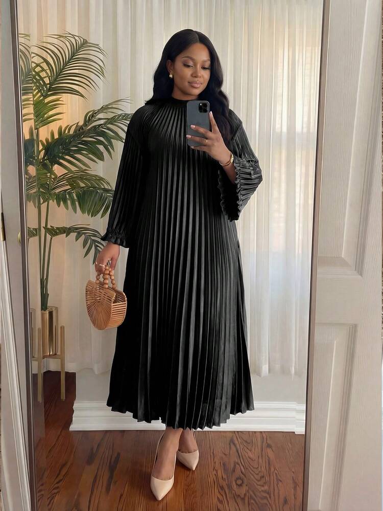SHEIN Lady CURVE Plus Size Elegant Black Autumn Formal Evening Tea Party Dress,Solid Color Loose Pleated Winter Dresses For Women,New Year Christmas Graduation Outfit