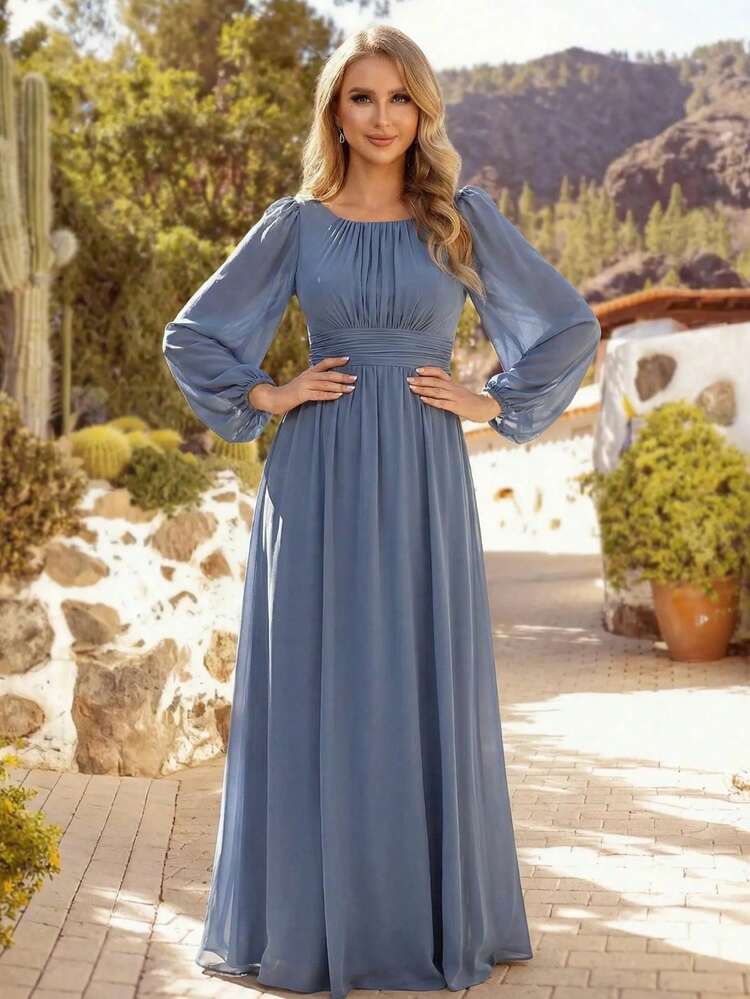 EVERPRETTY Elegant Chiffon Round Neck Lantern Sleeve Long Sleeve Greyish Blue Bridesmaid Dress Fall Wedding