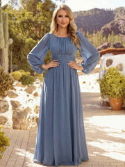 EVERPRETTY Elegant Chiffon Round Neck Lantern Sleeve Long Sleeve Greyish Blue Bridesmaid Dress Fall Wedding