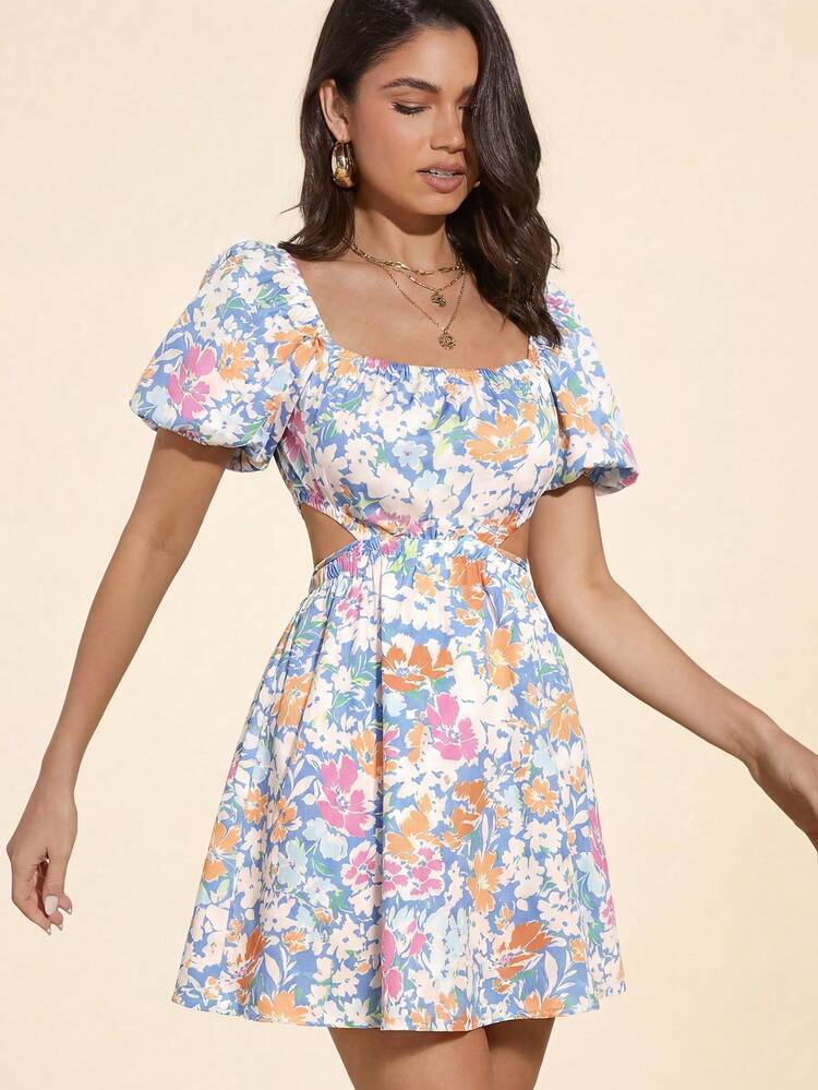 Coeurva Women's Light Blue Floral Summer Boho Holiday Vacation Mini Dress, Square Neck Cut Out Casual Picnic Brunch Dresses, Comfortable Print Outfit