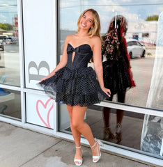 Polka Dot Hoco Dress for Teen Girl Bow Ruffle Tulle Hem Keyhole Short Homecoming Dance Junior Prom Cocktail Party Gown Date Night Sweet 16 White Black