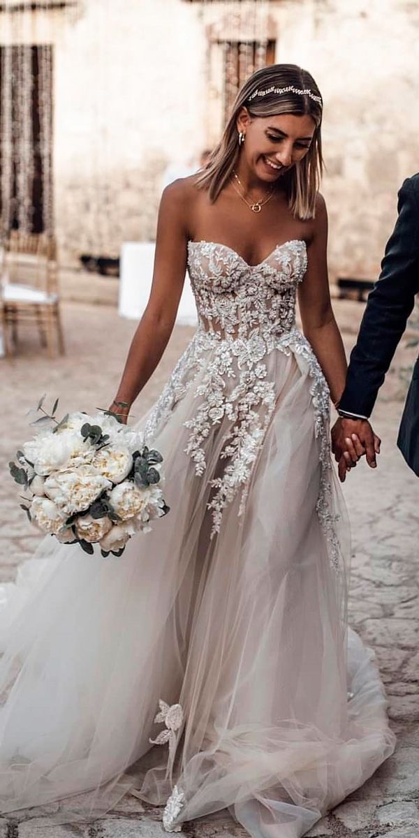 Trendy boho lace a line strapless sweetheart neck blush wedding dress. See more: https://www.weddingforward.com/boho-wedding-dresses/ #weddingforward #wedding #bride #bridalgown #bohoweddingdress