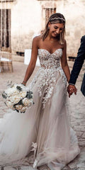Trendy boho lace a line strapless sweetheart neck blush wedding dress. See more: https://www.weddingforward.com/boho-wedding-dresses/ #weddingforward #wedding #bride #bridalgown #bohoweddingdress