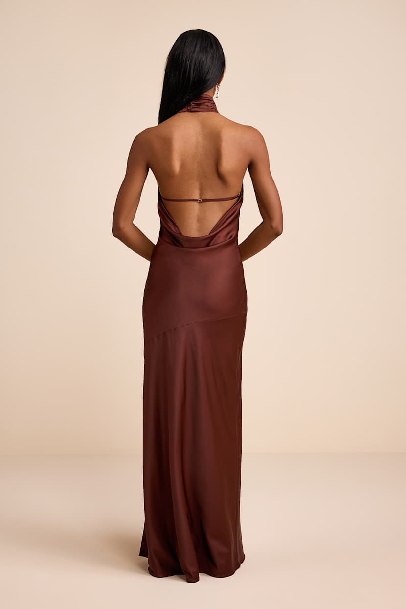Brown Satin Cowl Back Maxi Dress | Womens | Small (Available in XS, M, L, XL) | 100% Polyester