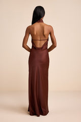 Brown Satin Cowl Back Maxi Dress | Womens | Small (Available in XS, M, L, XL) | 100% Polyester