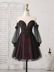 A-line Sweetheart Long Sleeves Tulle Lace Short Black/Burgundy Prom Dress