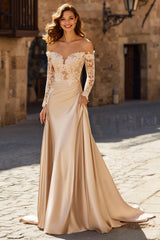 gold champagne wedding dress Zapaka Women Mermaid Off the Shoulder Long Sleeves Lace Appliqued Court Train
