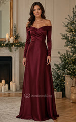 Burgundy Satin Off-the-Shoulder Long Sleeve A-Line Bridesmaid Dress