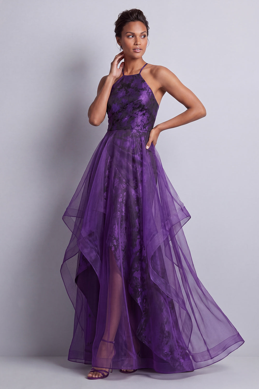 Halter Dark Purple Floral Long A Line Mother of the Bride Dress with Ruffles