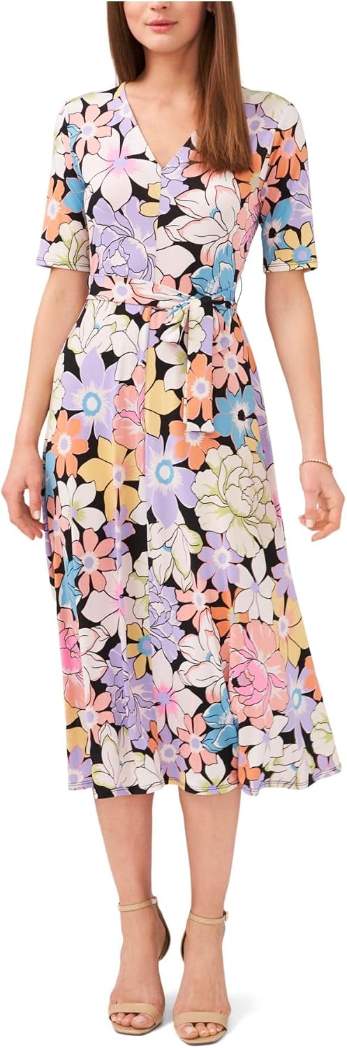 MSK Women's Floral-Print Tie-Waist Midi Dress (Black/Bright, Large)