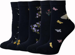 DXYAKY 5 Pairs Womens Vintage Floral Cotton Socks Novelty Patterned Dress Socks Ladies Embroidered Casual Crew Ankle Socks